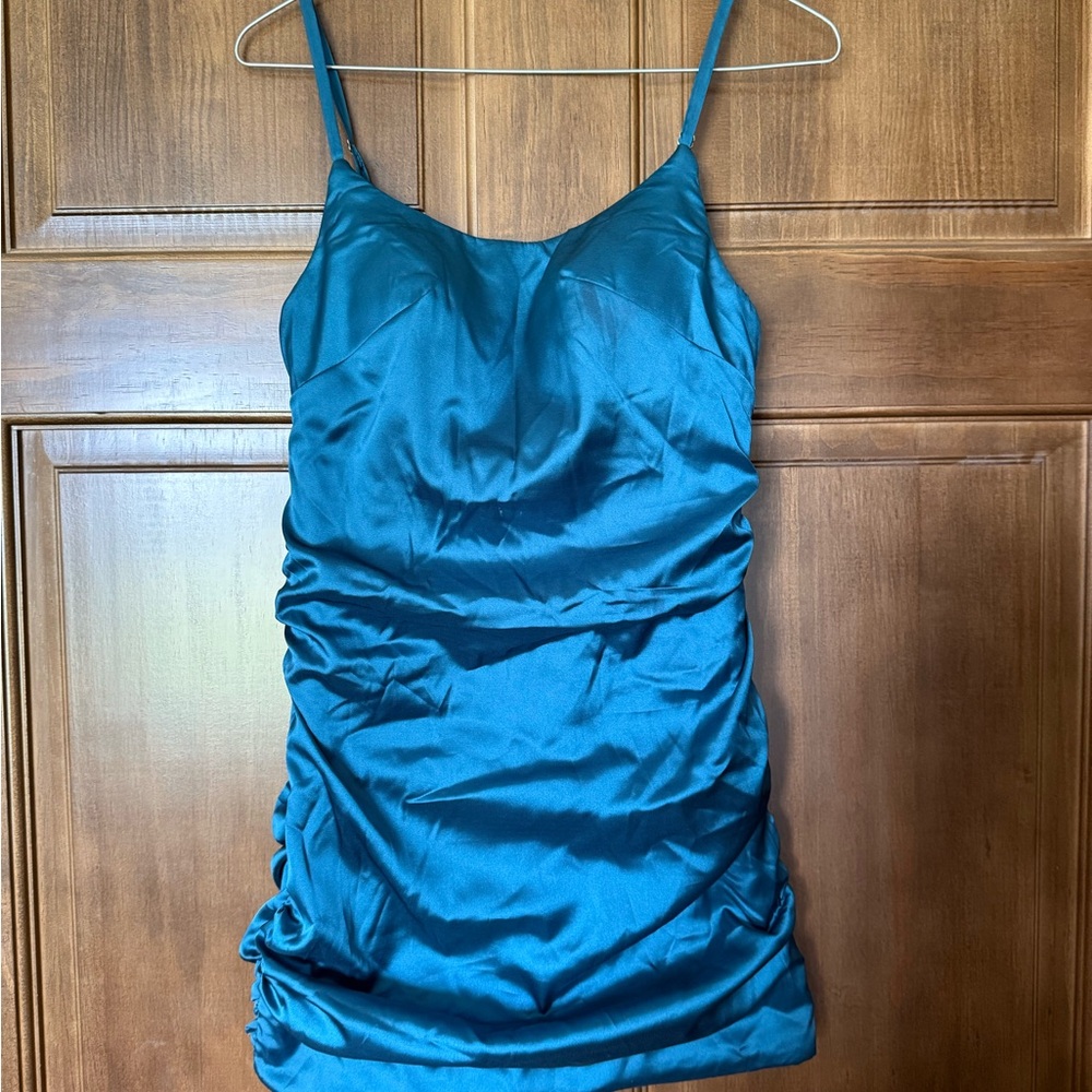 Teal Satin Ruched Dress